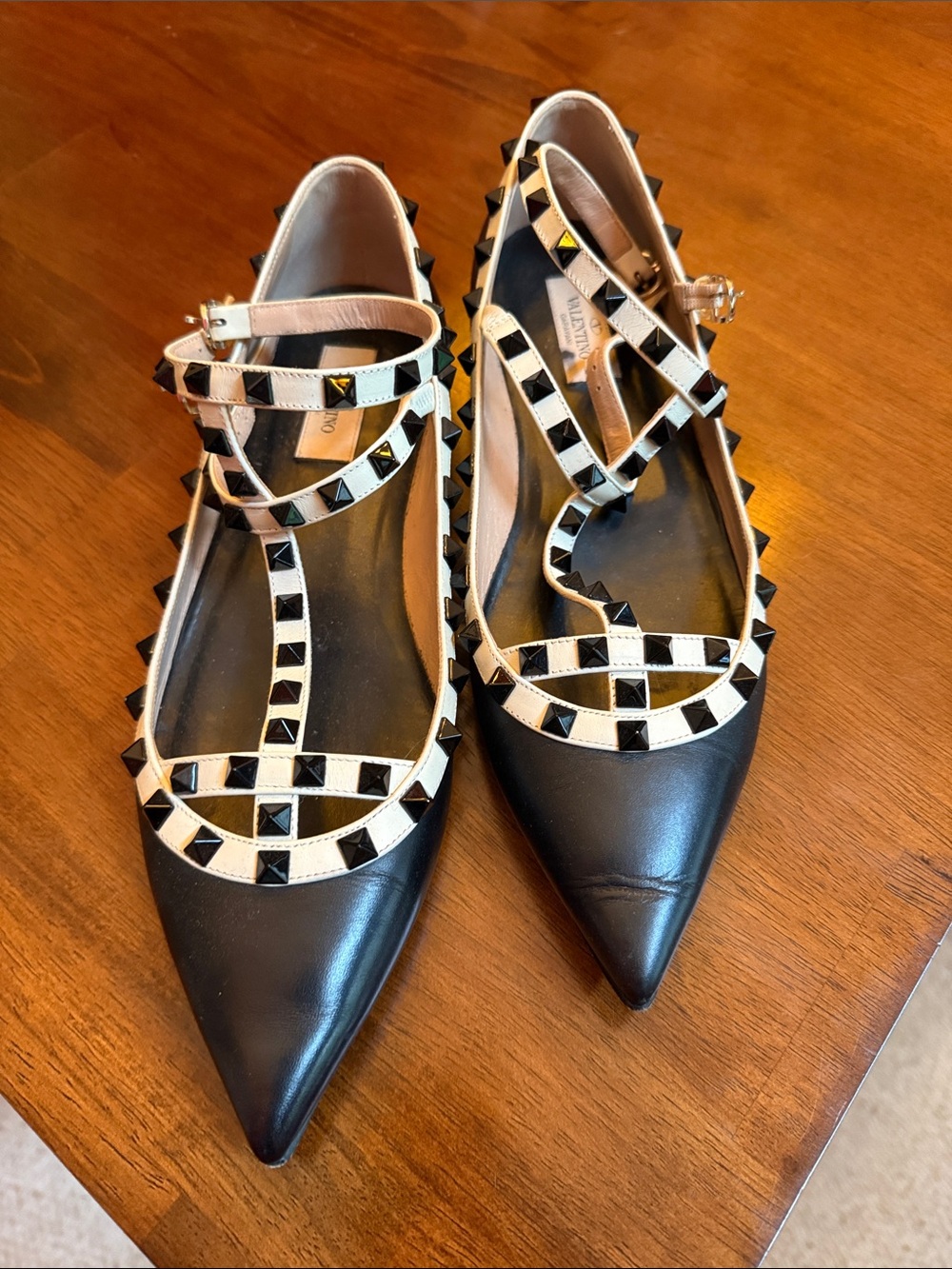 Valentino Black Leather Pointed Flats with Cream Trim and Studs